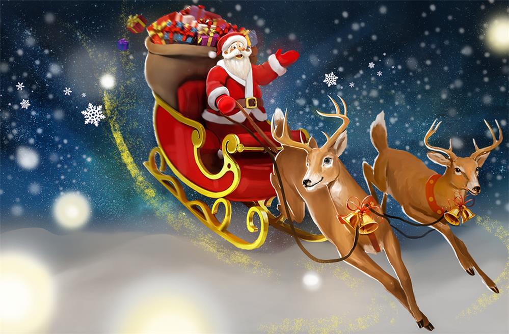 平安夜圣诞老人驯鹿雪橇插画海报